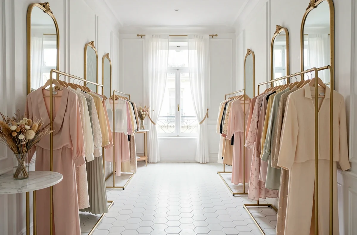 Intérieur féminin et élégant de Cinq Août Paris avec des portants en laiton et des vêtements pastel dans un cadre raffiné