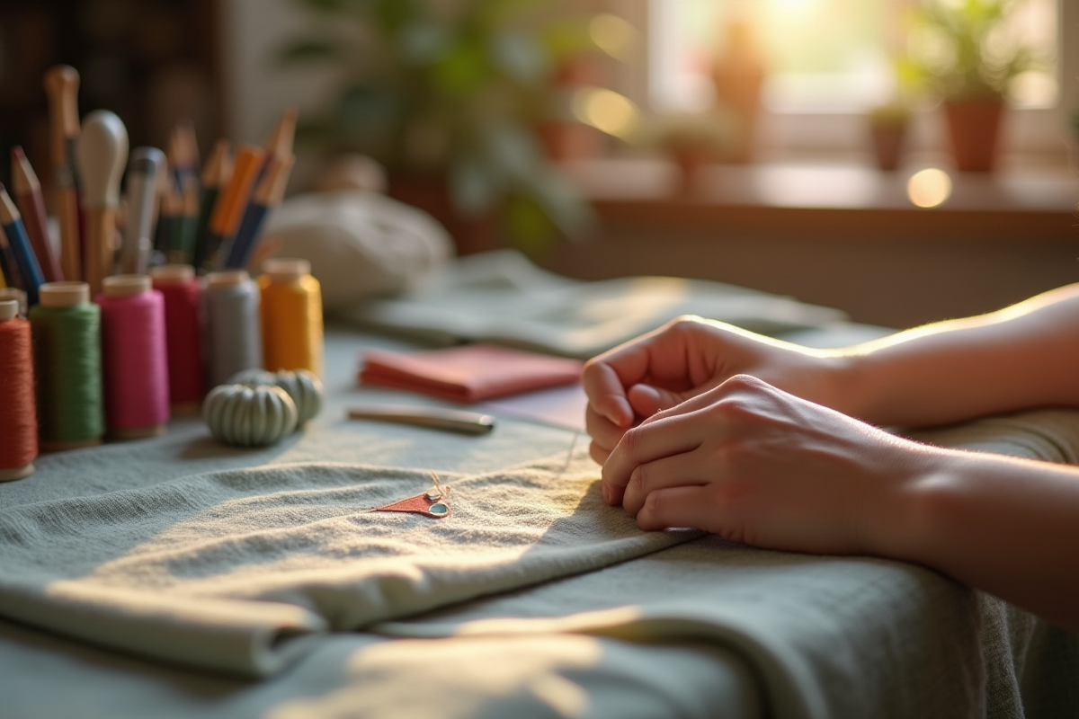 Mains cousant un vêtement avec un tissu écologique dans un atelier ensoleille