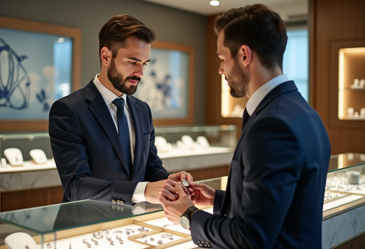 Jeune homme consultant un bijoutier dans une boutique moderne