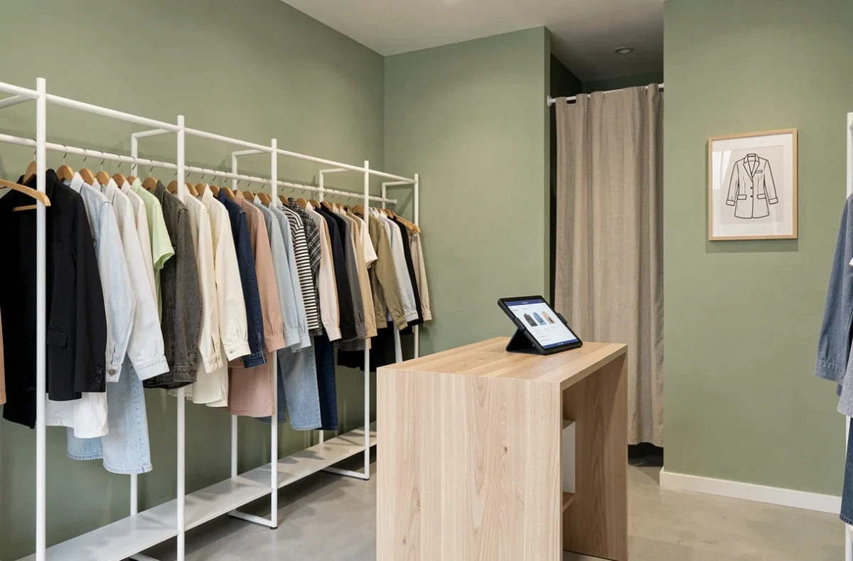 Intérieur moderne et épuré de Closet2Closet, boutique parisienne de dépôt-vente contemporaine avec des portants en métal blanc