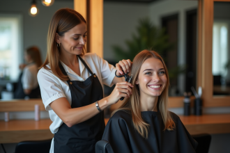 Coiffeuse en action dans un salon moderne et accueillant