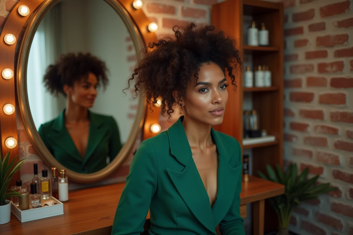 Femme aux cheveux bouclés coiffés en chignon élégant portant une robe verte structurée dans un dressing sophistiqué avec miroir ovale