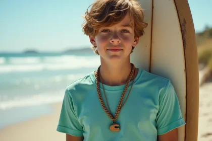 Ado garçon surfer portant un collier cordon tressé avec pendentif vague en bois sur la plage