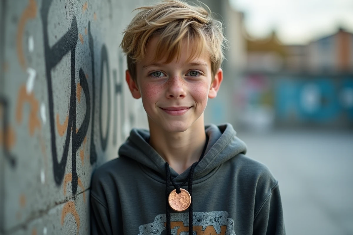 Garçon adolescent style surfer urbain avec collier cordon noir et pendentif médaillon bronze au skate park