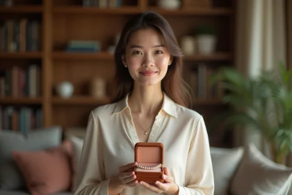 Femme souriante avec collier de perles dans un salon chaleureux
