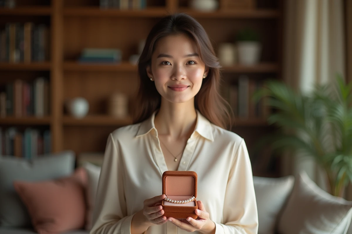 Femme souriante avec collier de perles dans un salon chaleureux