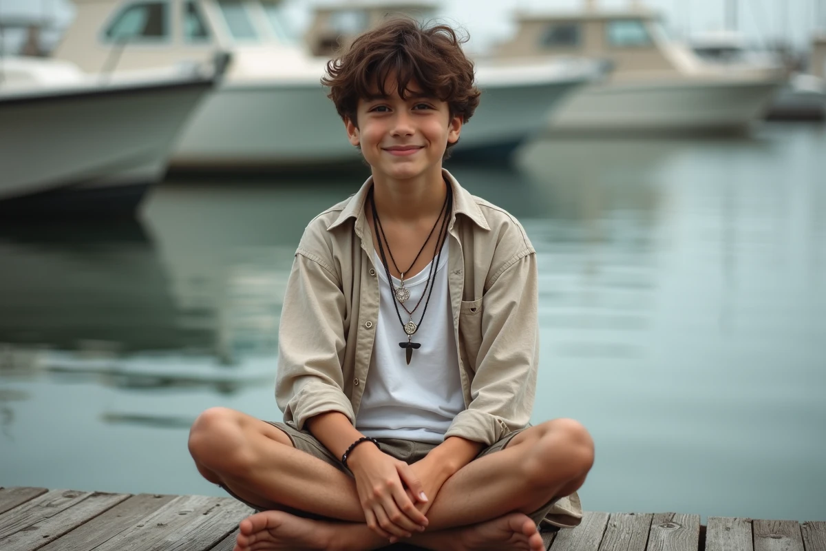 Adolescent garçon avec colliers superposés pendentif dent de requin et boussole assis sur un ponton de marina