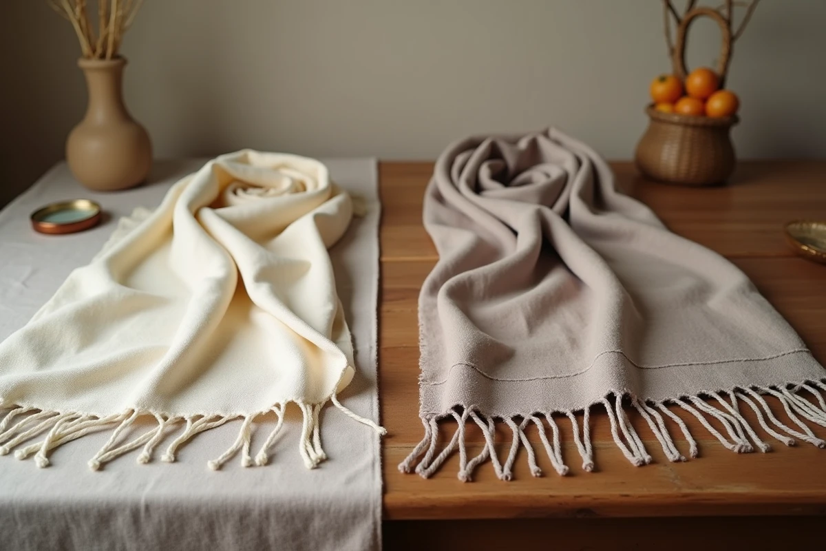 Comparaison de deux étoles pashmina de qualités différentes posées sur une table en bois pour illustrer les critères d'achat