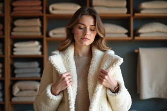 Femme comparant des échantillons de doublure sherpa bio et synthétique dans une boutique de textiles