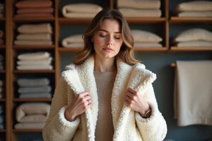 Femme comparant des échantillons de doublure sherpa bio et synthétique dans une boutique de textiles