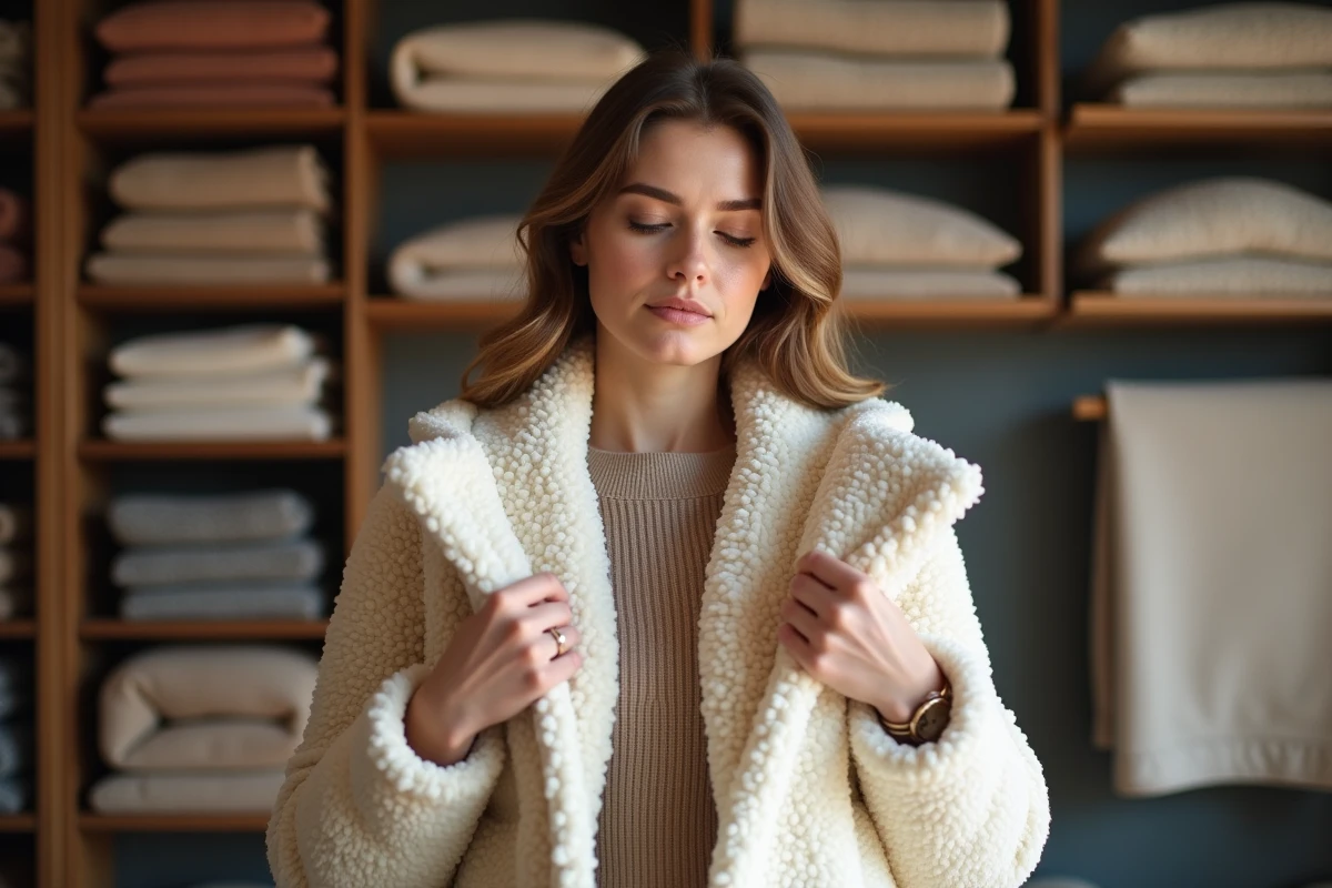 Femme comparant des échantillons de doublure sherpa bio et synthétique dans une boutique de textiles