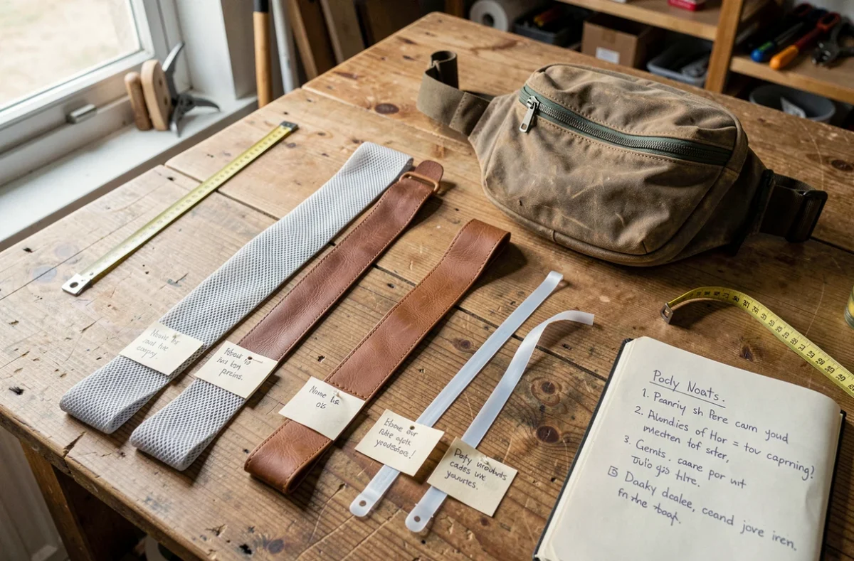 Vue en plongée de trois types de sangles de sac banane comparées sur une table en bois avec des notes manuscrites, illustrant les critères de choix