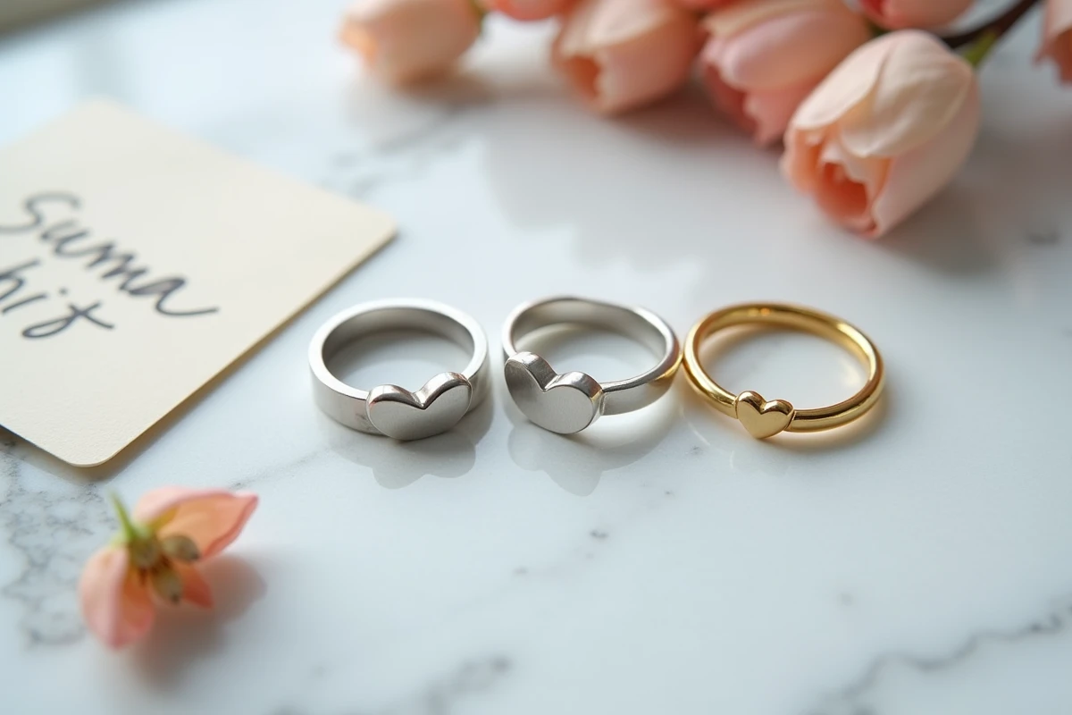 Comparatif de trois bagues amitié cœur en acier inoxydable, argent sterling et plaqué or posées sur du marbre