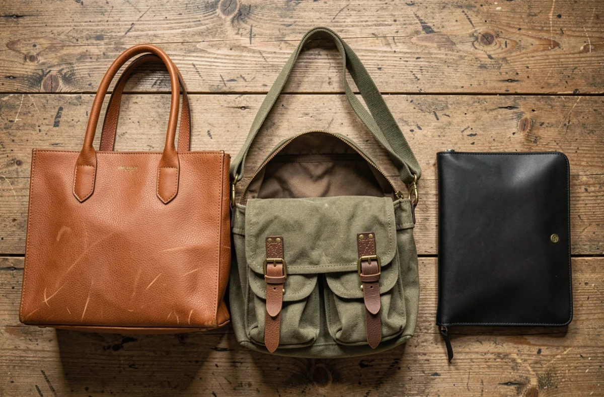 Comparatif de trois types de sacs : cuir naturel cognac, toile canvas kaki et synthétique noir mat disposés en flat lay sur une table en bois