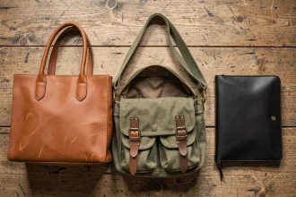 Comparatif de trois types de sacs : cuir naturel cognac, toile canvas kaki et synthétique noir mat disposés en flat lay sur une table en bois