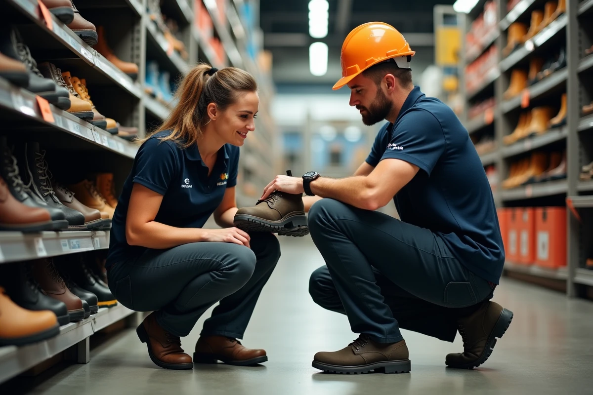 Conseillère en magasin aidant un client à vérifier l'ajustement d'une chaussure de sécurité trop grande