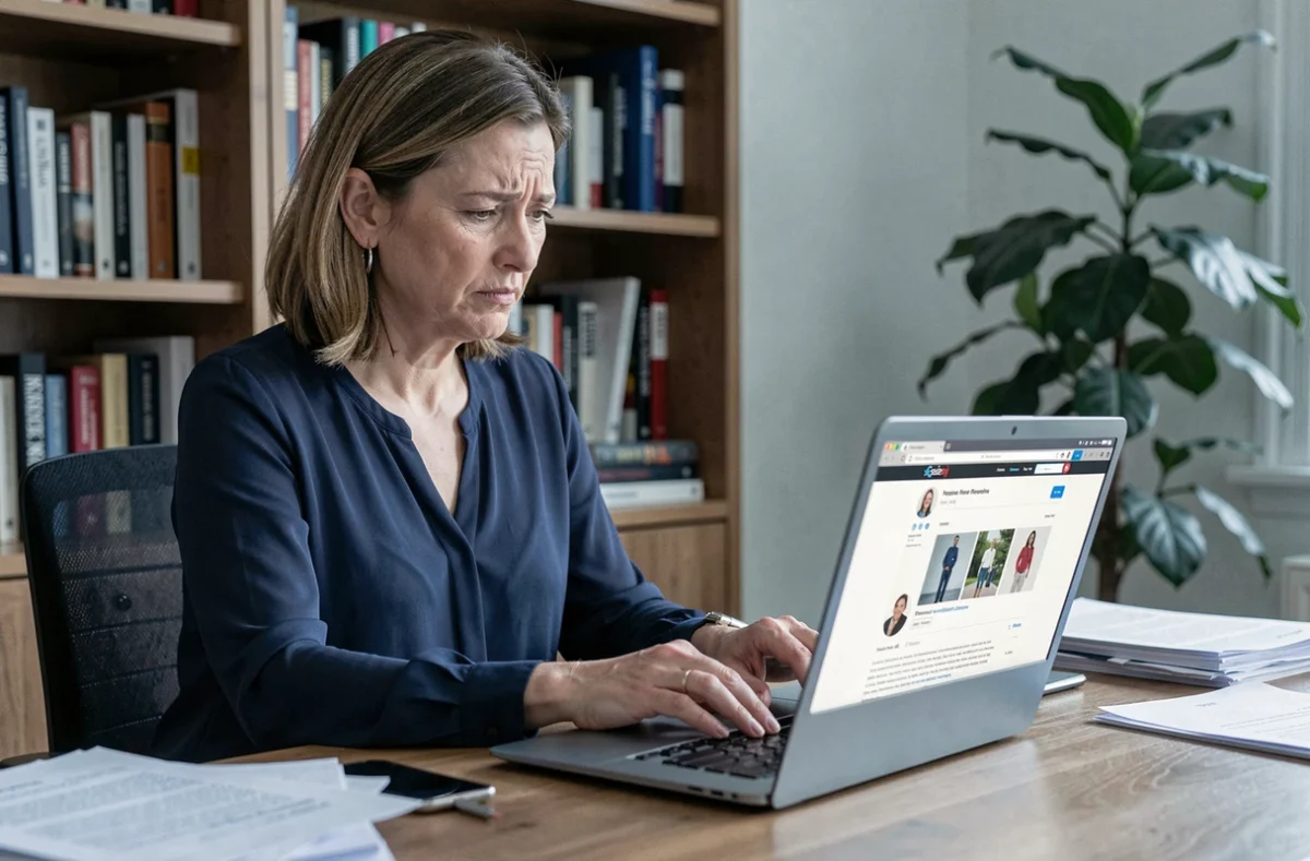 Consommatrice rédigeant un avis négatif en ligne sur Leonie and Co depuis son bureau à domicile
