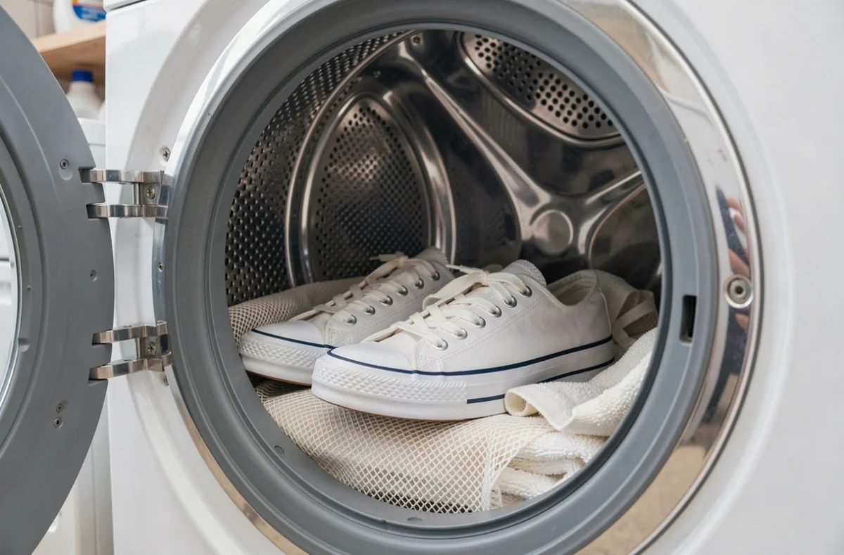 Paire de converses blanches placées dans un lave-linge avec un filet de lavage pour un nettoyage en machine sans dommage