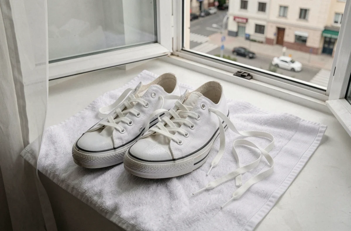 Converses blanches propres posées sur une serviette après lavage en machine, séchant à l'air libre près d'une fenêtre