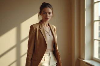 Femme élégante en blazer camel avec coiffure chignon sophistiqué coordonnant tenue et style capillaire dans un appartement parisien