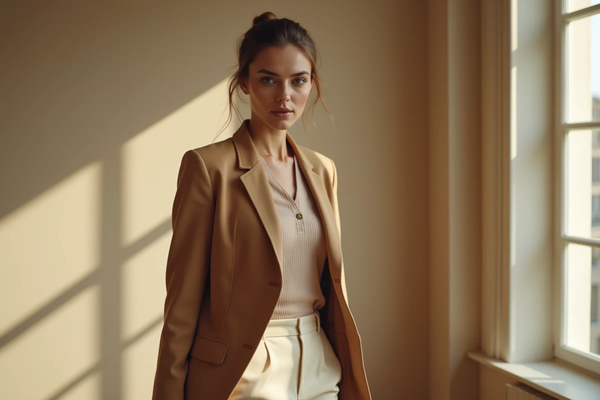 Femme élégante en blazer camel avec coiffure chignon sophistiqué coordonnant tenue et style capillaire dans un appartement parisien