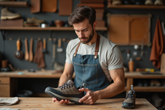 Jeune homme inspectant la semelle d'une chaussure de randonnée dans un atelier