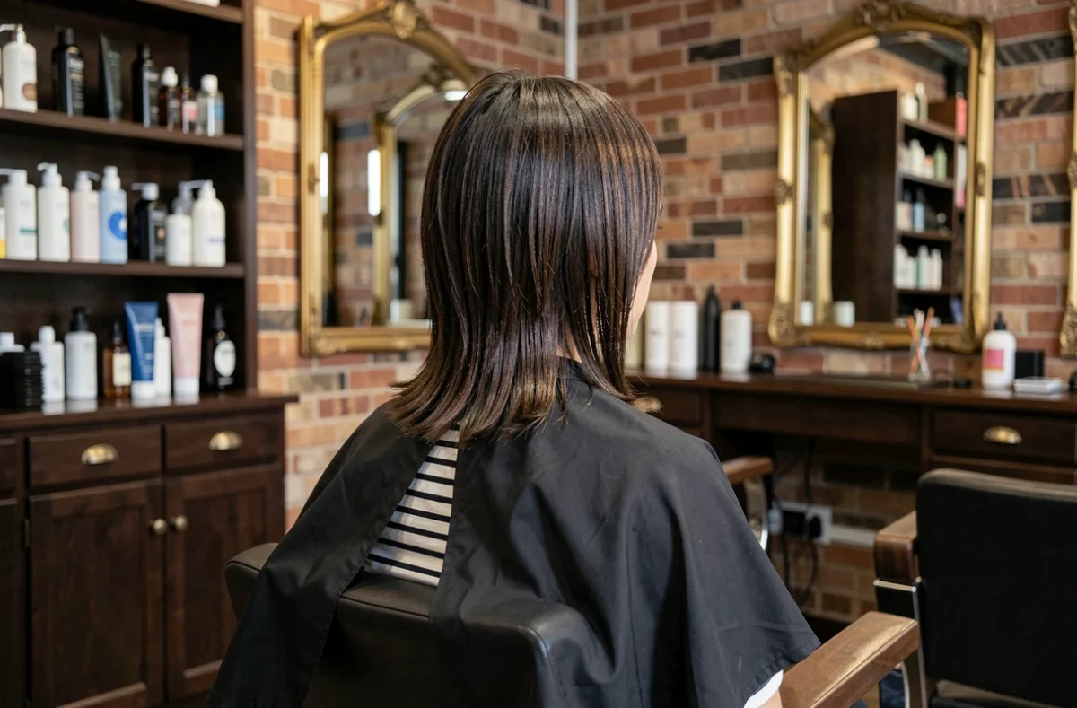 Femme assise dans un fauteuil de salon de coiffure avec un mulet moderne sur cheveux raides et volume au sommet de la tête