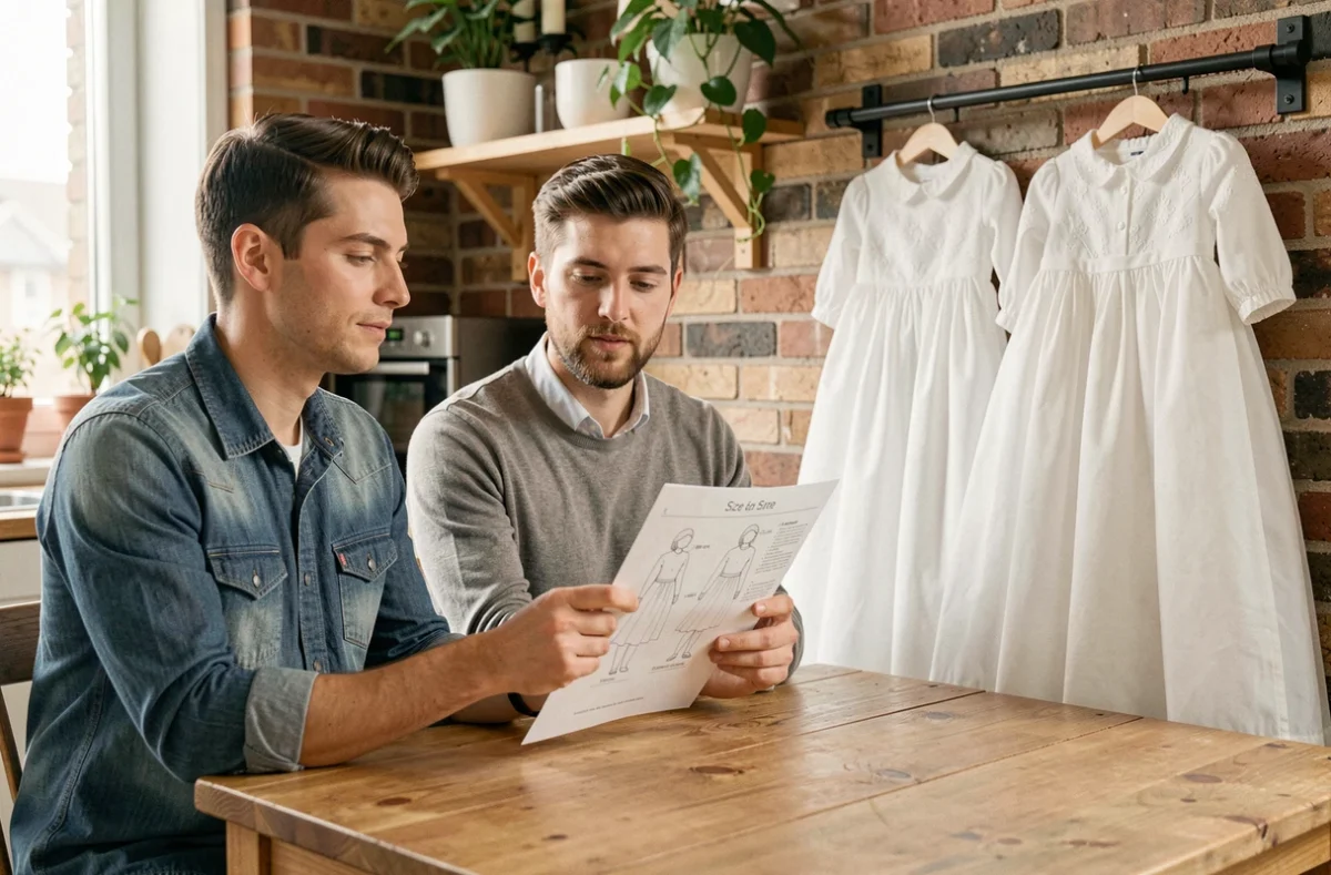 Couple comparant deux robes de baptême bébé suspendues en consultant un guide des tailles imprimé à la maison
