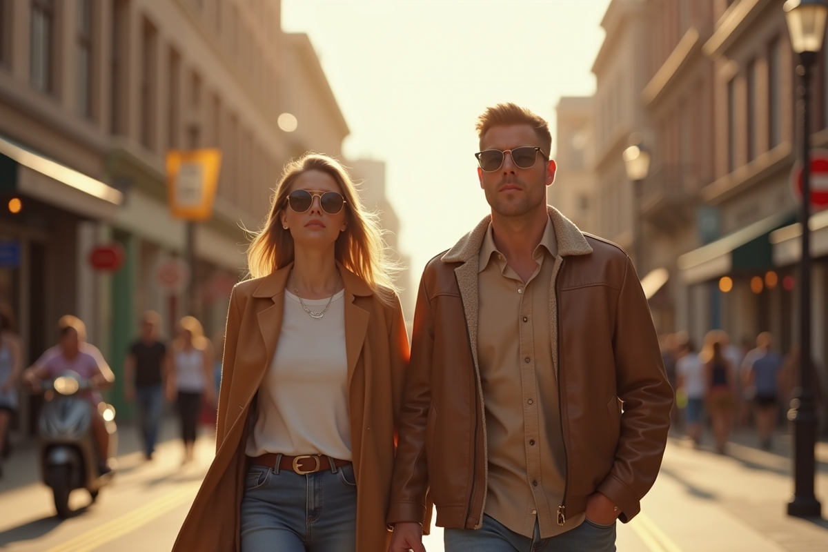 Homme et femme confiants marchant dans la ville en mode fashion