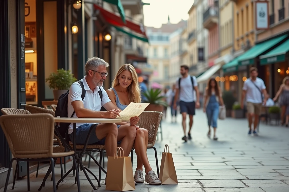 Couple de voyageurs consultant une liste de courses et une carte de ville en terrasse de café à l'étranger pendant les soldes