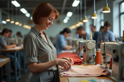 Femme couturiere inspectant un vetement dans un atelier textile