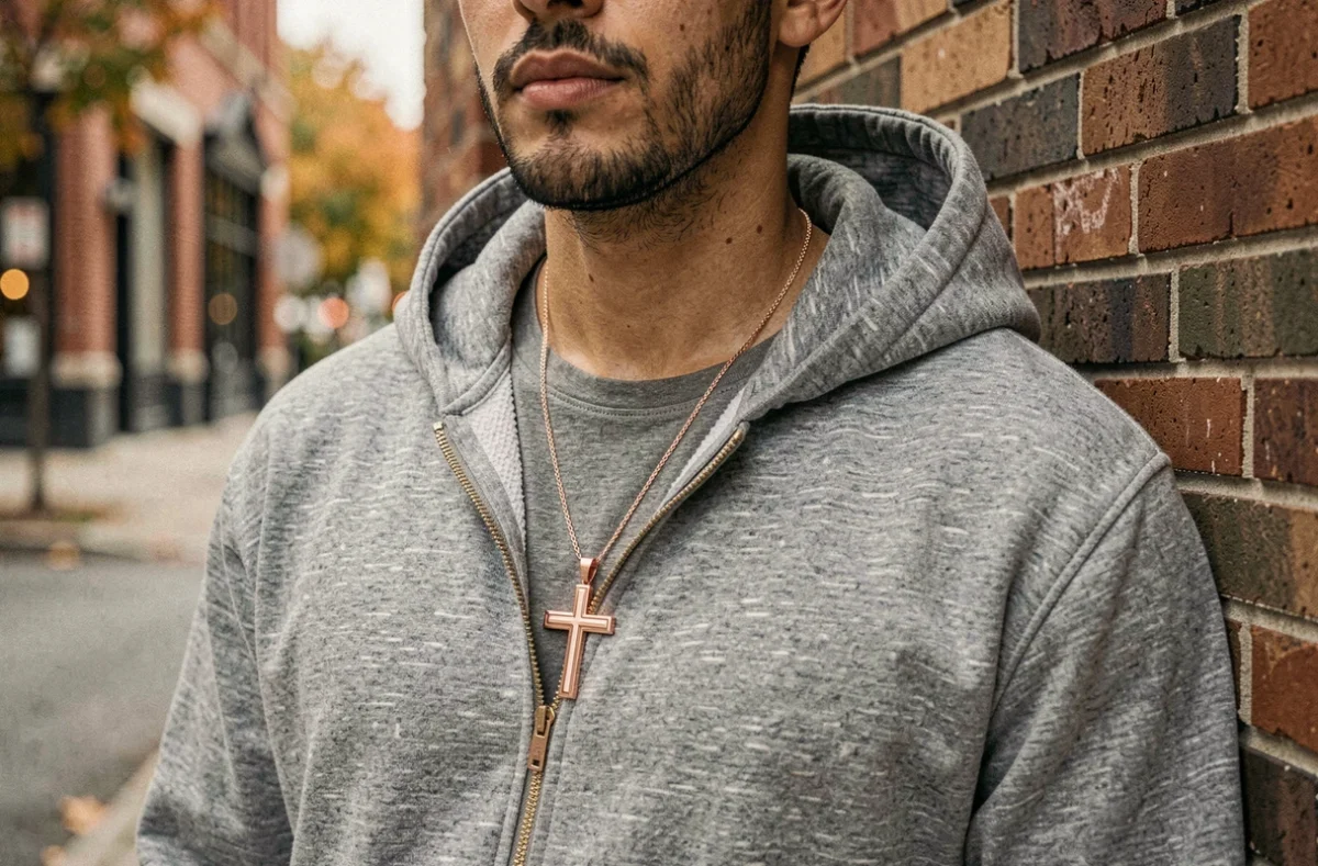 Gros plan d'une croix en or rose portée par un jeune homme en sweat gris, mise en valeur contre un mur de briques urbain