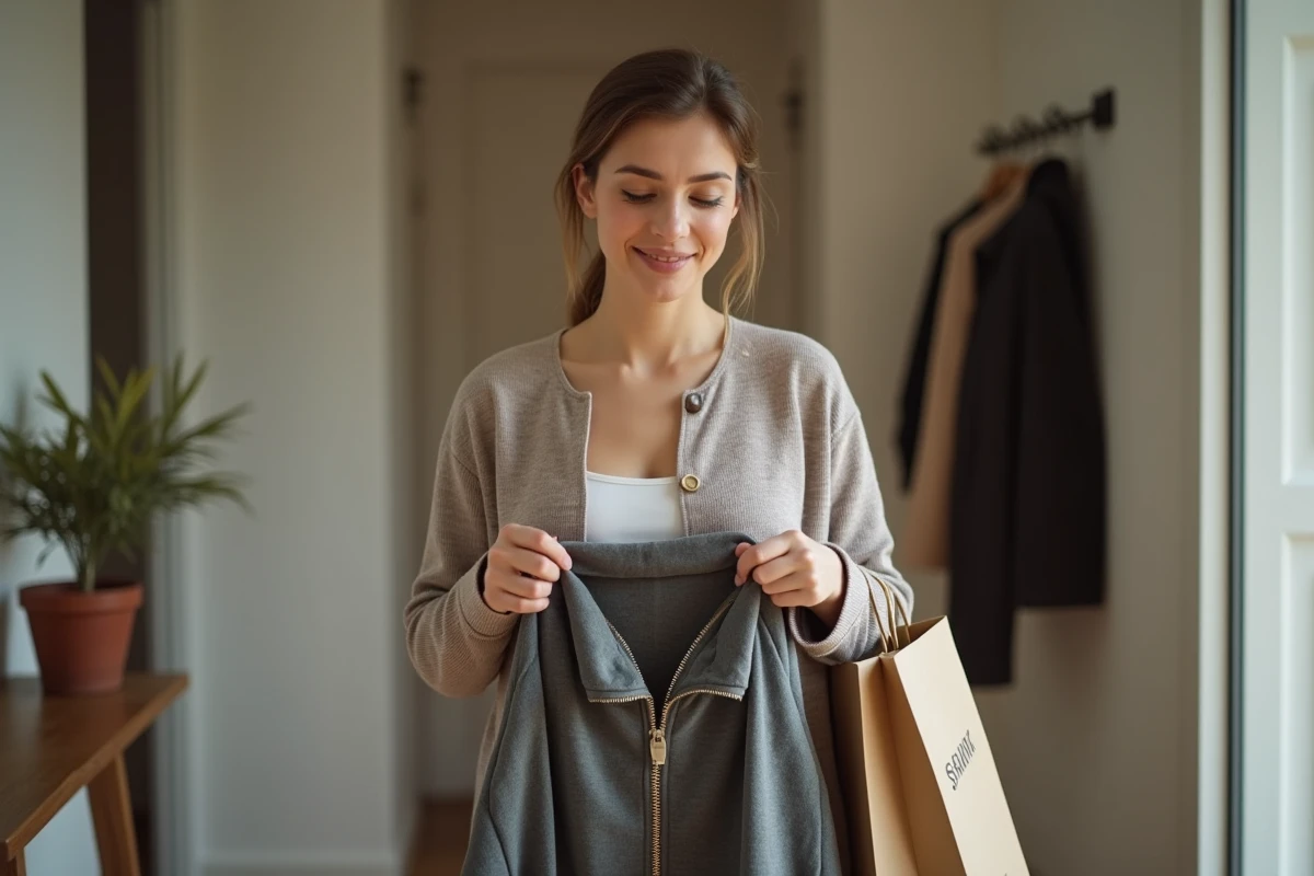 Femme découvrant un défaut sur un article Zara avec une fermeture éclair cassée à son retour de shopping