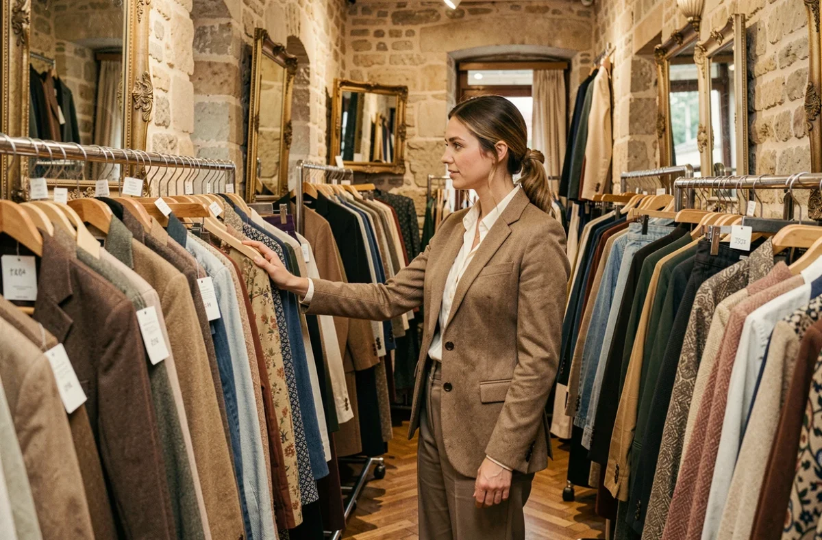 Une femme parisienne élégante browse des vêtements vintage dans une boutique de dépôt-vente parisienne aux murs en pierre apparente
