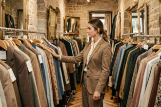Une femme parisienne élégante browse des vêtements vintage dans une boutique de dépôt-vente parisienne aux murs en pierre apparente
