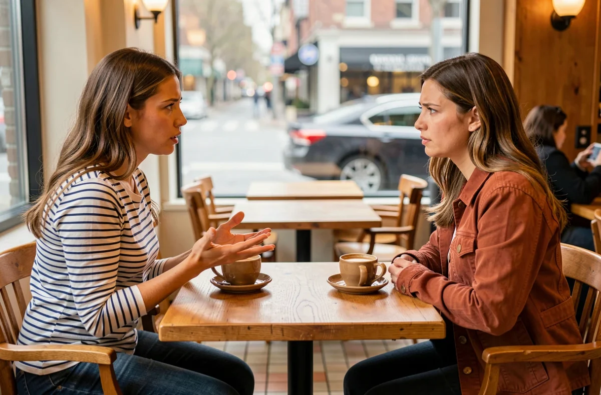 Deux femmes partageant leurs expériences négatives avec la marque Leonie and Co dans un café urbain
