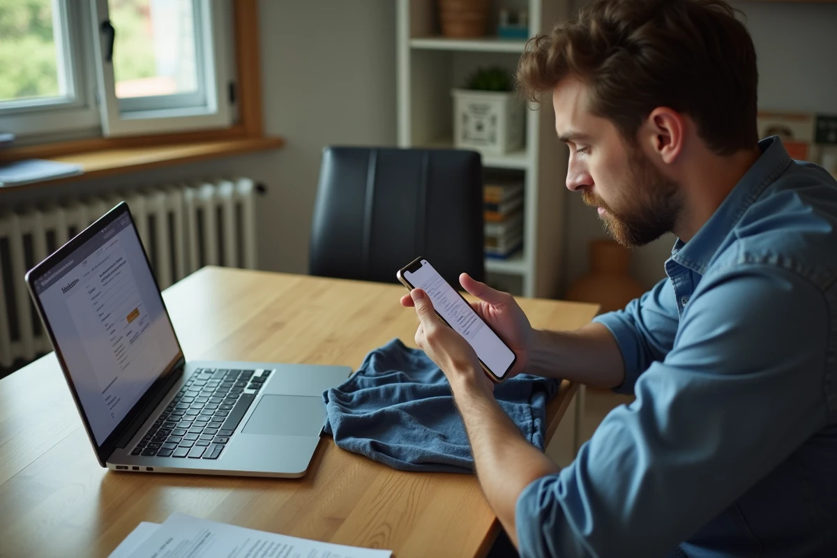 Homme documentant un produit Zara abîmé avec son smartphone pour soumettre une réclamation en ligne depuis son bureau