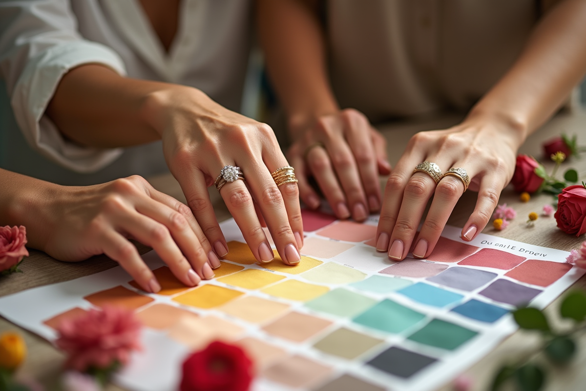 Mains de femmes portant des bagues colorées touchant une palette de couleurs