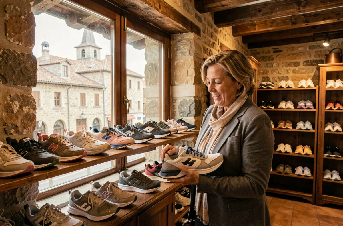 Cliente surprise par la sélection de baskets dans la boutique Doubrere à Lourdes avec architecture traditionnelle visible en fond