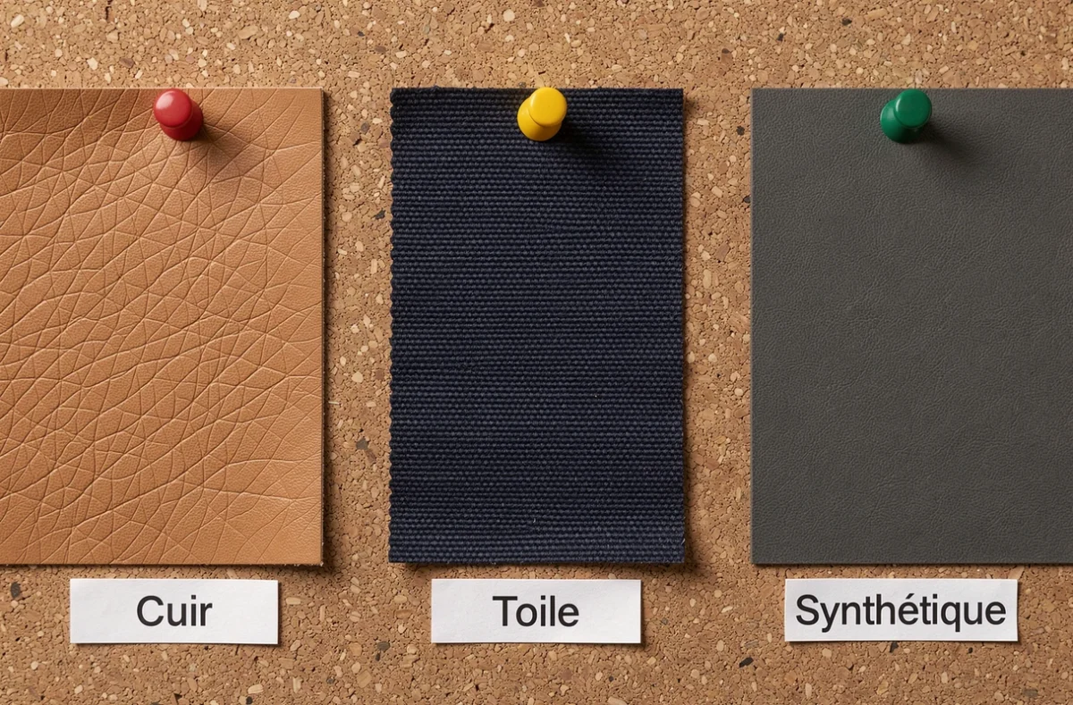 Gros plan de trois échantillons de matières pour sac : cuir grainé, toile cirée et synthétique PU épinglés sur un panneau en liège avec étiquettes