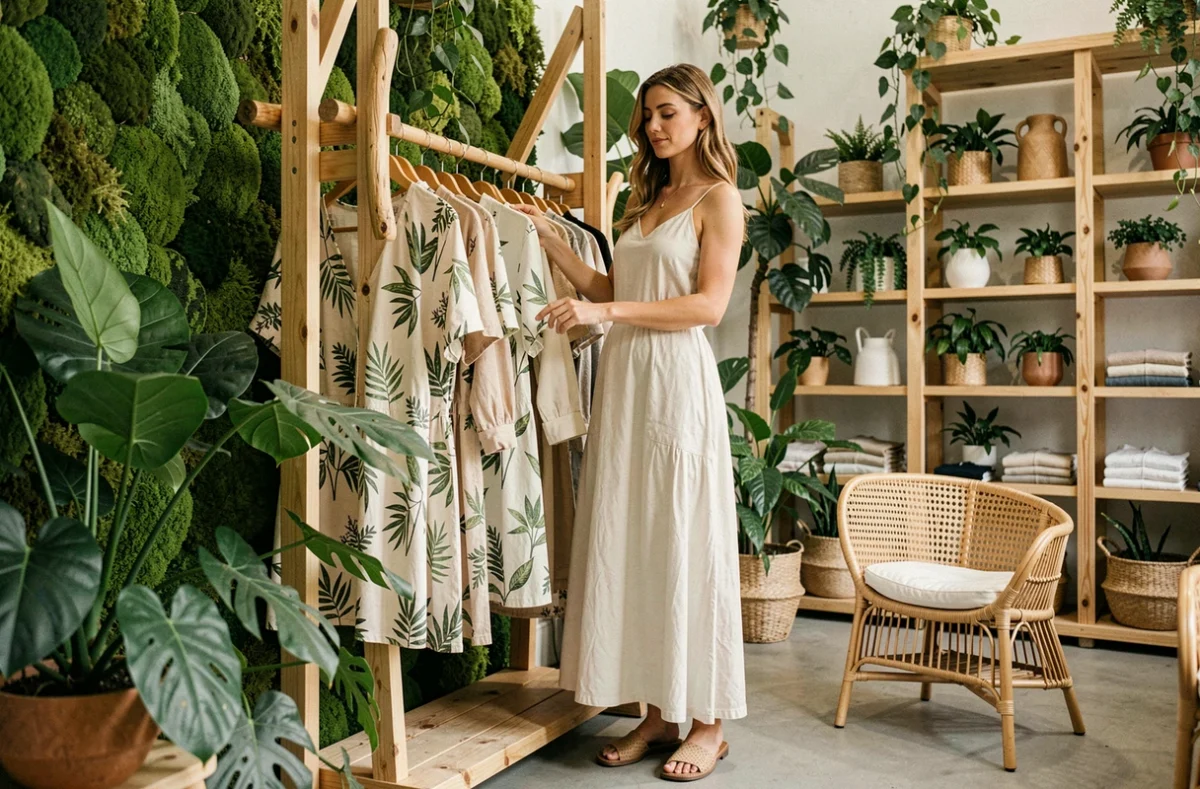 Femme sereine en robe fluide entourée de plantes dans la boutique L'Effet Canopée à Lyon