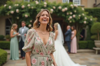 Invitée portant une robe fleurie midi rose et vert sauge lors d'un mariage en extérieur, aux côtés de la mariée en blanc