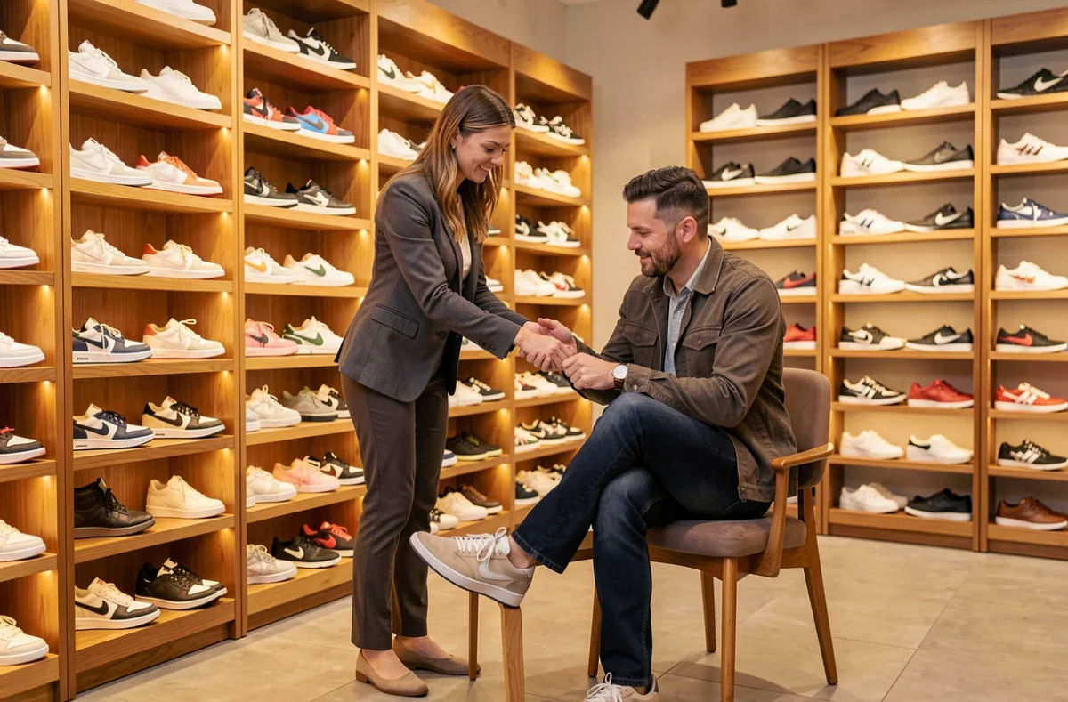 Vendeuse aidant un client à essayer des baskets dans la boutique multimarques Erbé Chausseur