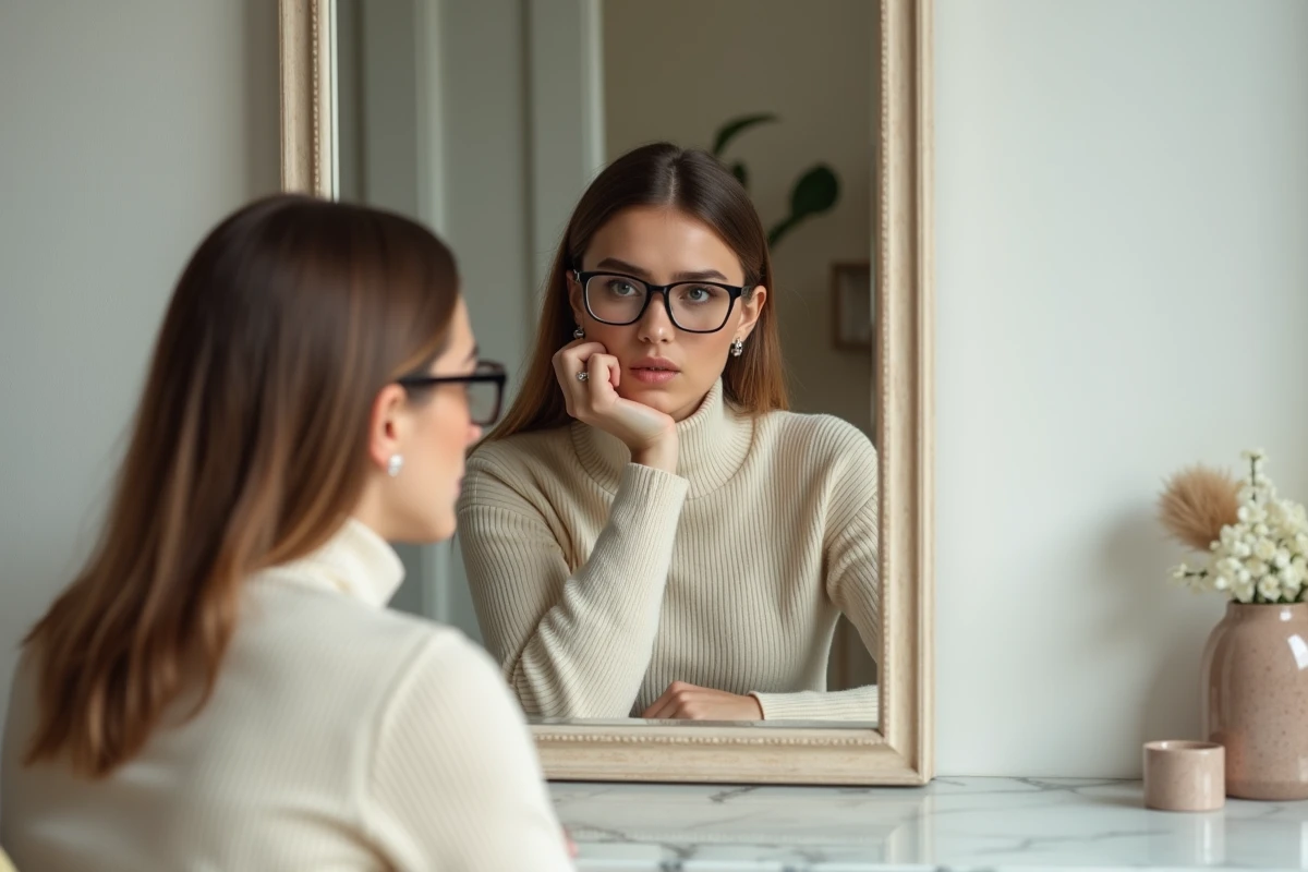 Femme portant des lunettes rectangulaires trop larges pour son visage ovale, assise devant un miroir dans un appartement parisien moderne