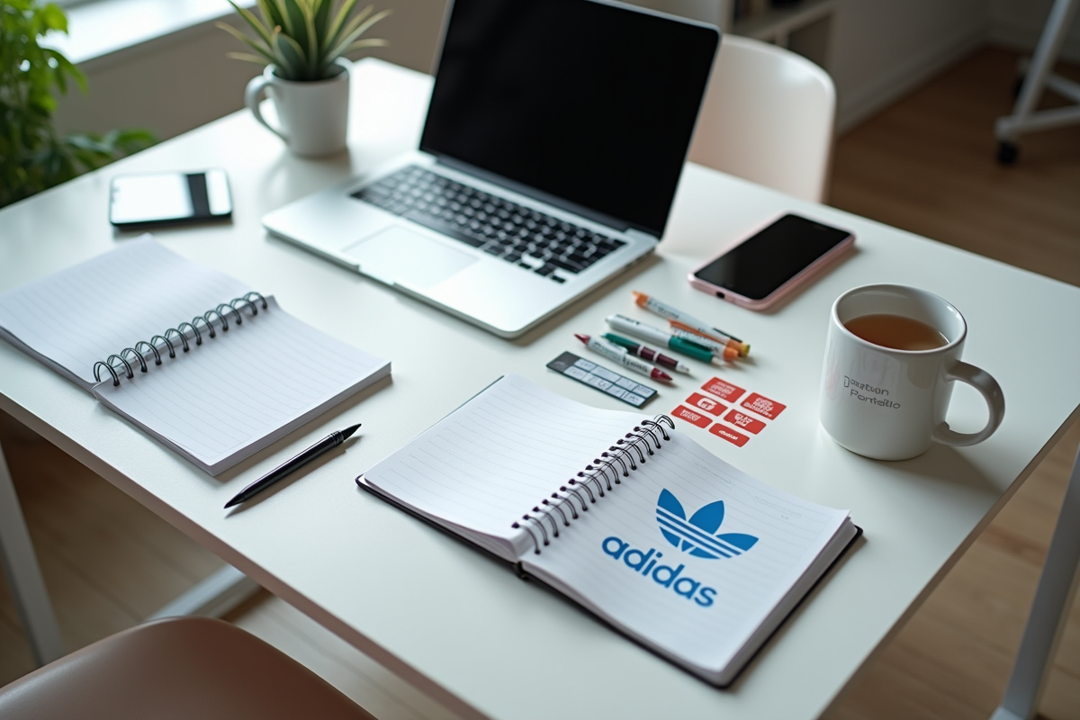 Espace de travail bien éclairé avec échantillons et objets promotionnels