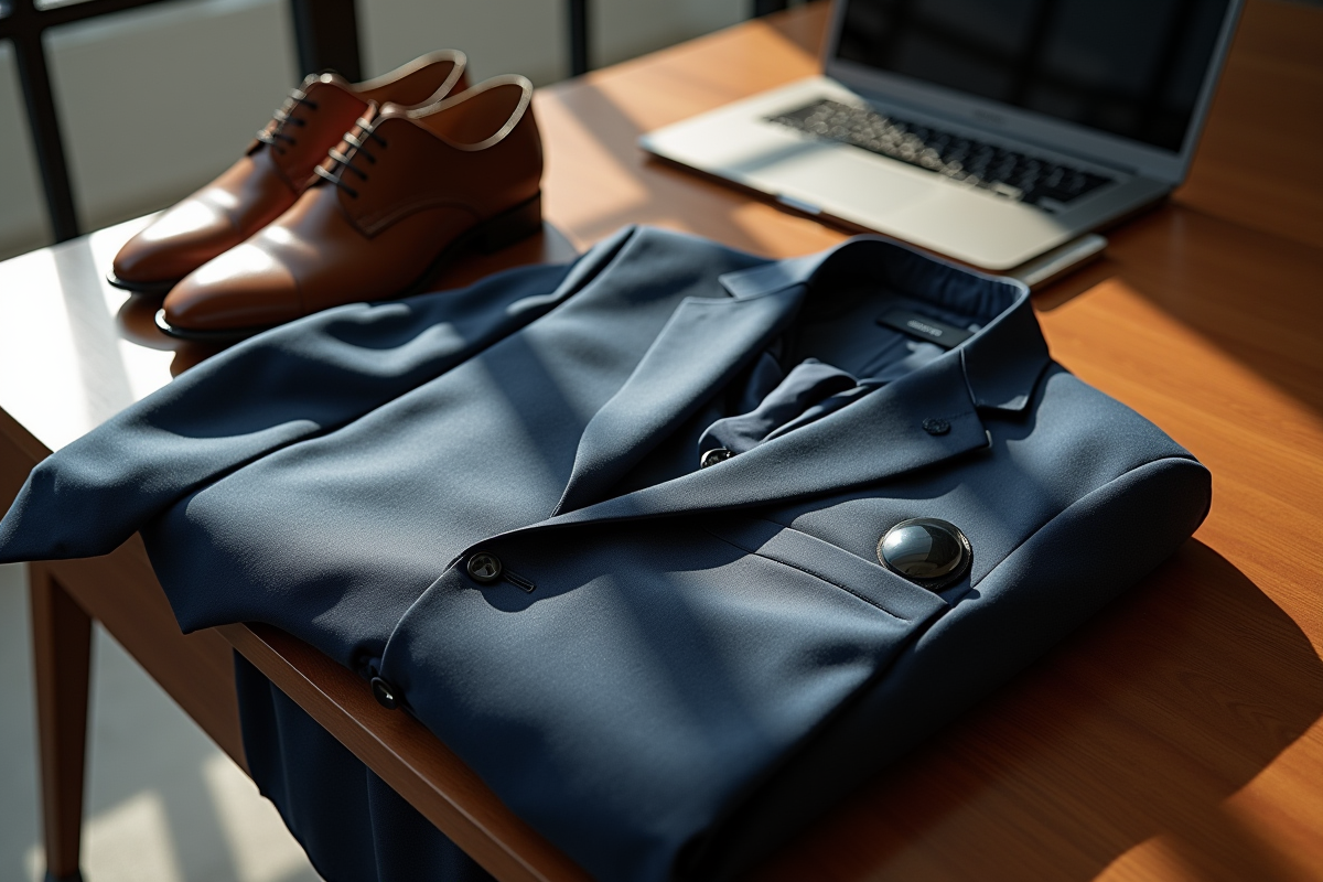 Espace de travail minimaliste avec costume et ordinateur