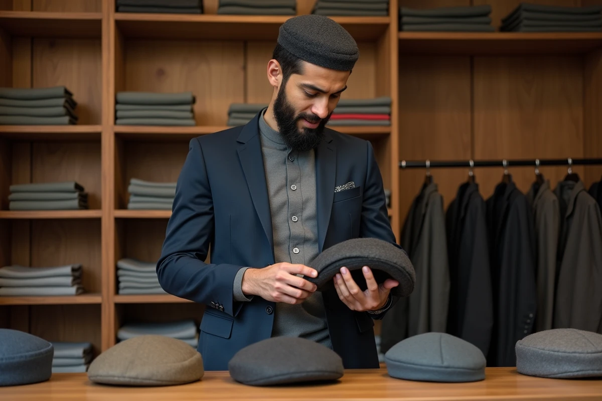 Homme essayant des chapeaux musulmans en laine dans une boutique de mode islamique masculine contemporaine