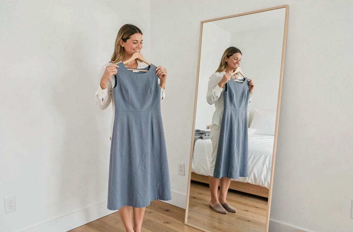 Femme essayant une robe commandée en ligne devant un miroir dans un appartement minimaliste
