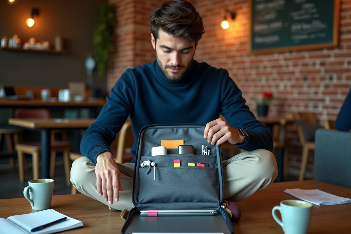Jeune homme étudiant étalant le contenu organisé de son sac à dos dans un café urbain