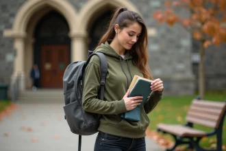 Étudiante organisant les poches de son sac à dos devant une bibliothèque universitaire en automne